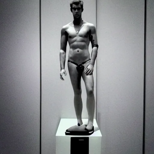 Image similar to “ a realistic detailed photo of a guy who is an attractive humanoid who is half robot and half humanoid, who is a male android, actor liam hemsworth, shiny skin, posing like a statue, blank stare, at the museum, on display ”