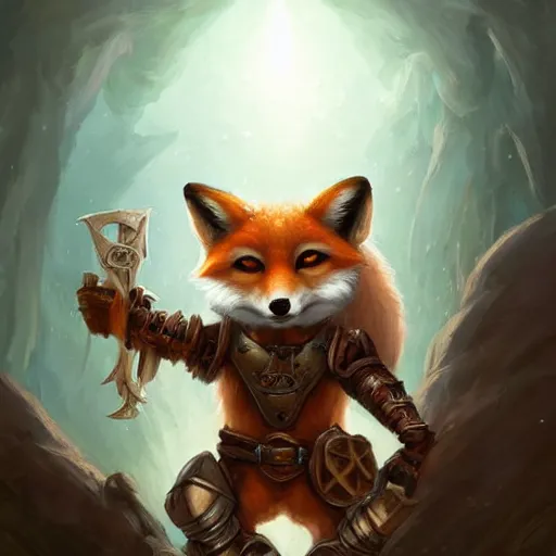 Prompt: cute anthropomorphic Fox using Warrior Armor from D&D, ultra wide lens shot , tiny, small, short, cute and adorable, pretty, beautiful, DnD character art portrait, matte fantasy painting, DeviantArt Artstation, by Jason Felix by Steve Argyle by Tyler Jacobson by Peter Mohrbacher, cinematic lighting