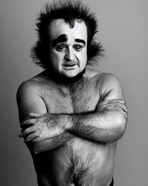 Prompt: actor John Belushi in Elaborate Pan Satyr Goat Man Makeup and prosthetics designed by Rick Baker, Hyperreal, Head Shots Photographed in the Style of Annie Leibovitz, Studio Lighting