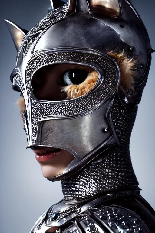 Image similar to female knight wearing a real cat on her head, armor designed by wayne barlowe, swarovski and tiffany, blonde hair, symmetry, sci - fi, cinematic, elegant, luxury, perfect light, perfect composition, dlsr photography, sharp focus, dark fantasy, 8 k, ultra hd, sense of awe, highly detailed, realistic, intricate