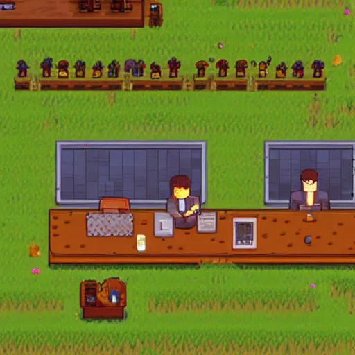 Image similar to “office workers sitting in their desks wearing suits in the style of stardew valley”