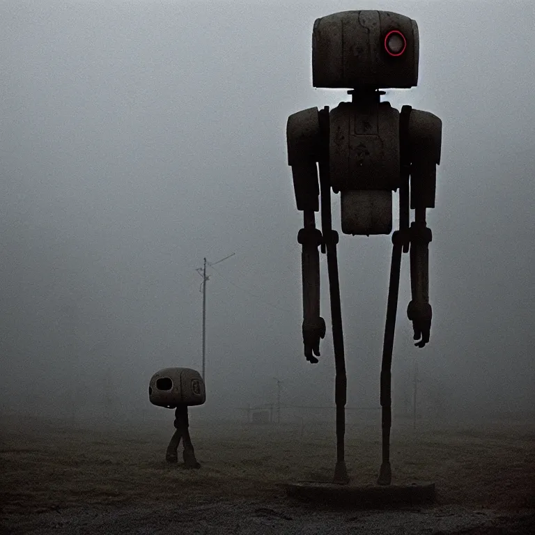 Image similar to the lanky liminal observer droid by dennis mejillones, in a brutalist yet rural landscape by simon stalenhag, 3 5 mm film photography, dawn, eerie fog