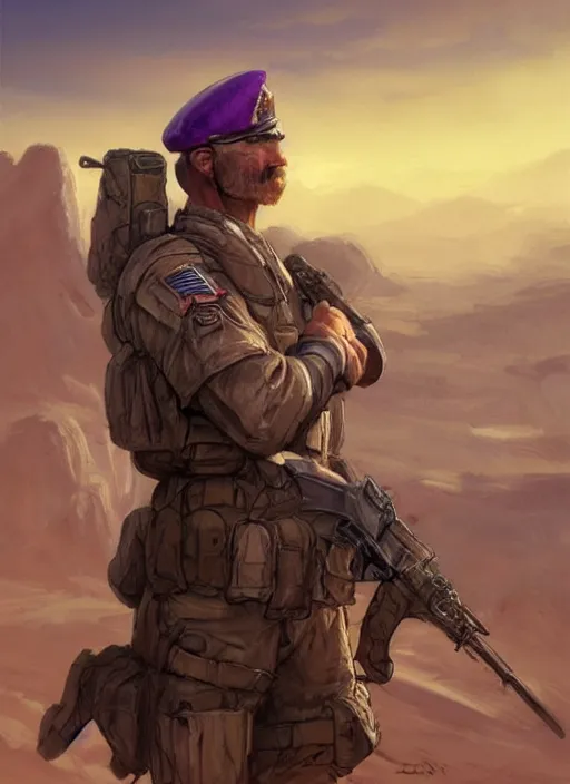 Prompt: purple lighting, detailed character portrait concept art, white male strong muscular mature soldier with beard and short hair in a soldier uniform, desert with city in the background, sharp focus, illustration, highly detailed, digital painting, concept art, matte, art by wlop and artgerm and greg rutkowski, masterpiece