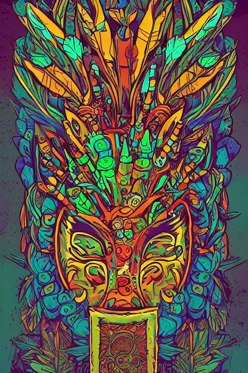 Image similar to animal mask totem roots flower tribal feather gemstone plant wood rock shaman vodoo video game vector cutout illustration vivid multicolor borderlands comics by josan gonzales and dan mumford radiating a glowing aura