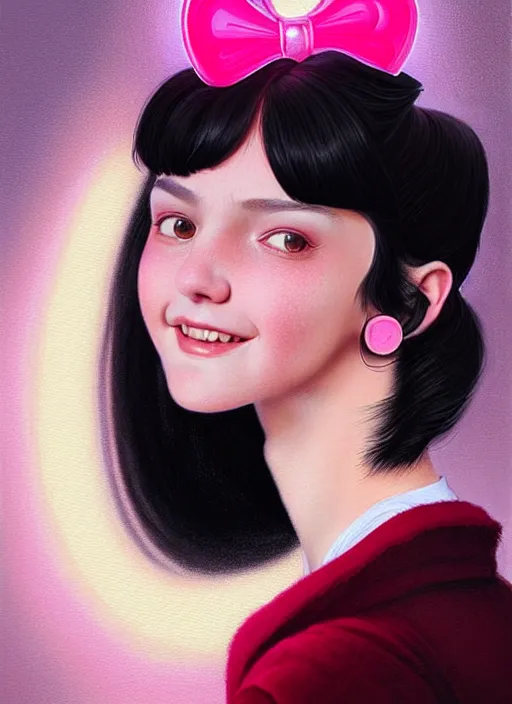 Image similar to portrait of high school girl, realistic, black hair, bangs, half updo hairstyle, pointy nose, skinny, smile, ugly, defined jawline, big chin, pink hair bow, earrings, intricate, elegant, glowing lights, highly detailed, digital painting, artstation, sharp focus, illustration, art by wlop, mars ravelo and greg rutkowski