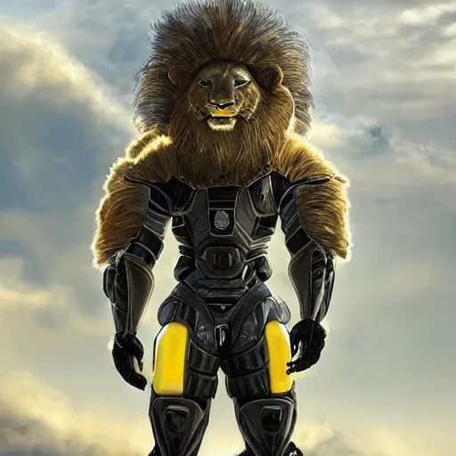 Prompt: humanoid with lion features in futuristic space armor with force fields, yellow eyes, teeth that protrude past the lower lip and fine grayish fur on their faces and backs of their hands and carrying weapons, octane,