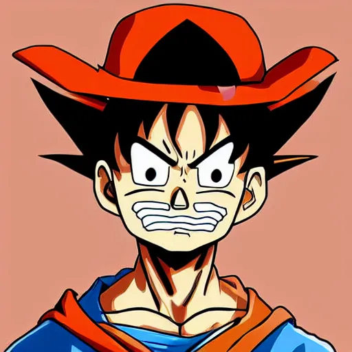 Prompt: portrait goku x luffy fusion, detailed, by beatrix potter, digital art