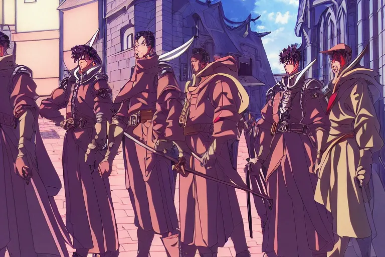 Image similar to cel shaded anime study of a group of wizard mercenaries in a late renaissance city, key visual with intricate linework, in the style of moebius, ayami kojima, 90's anime, retro fantasy, manga