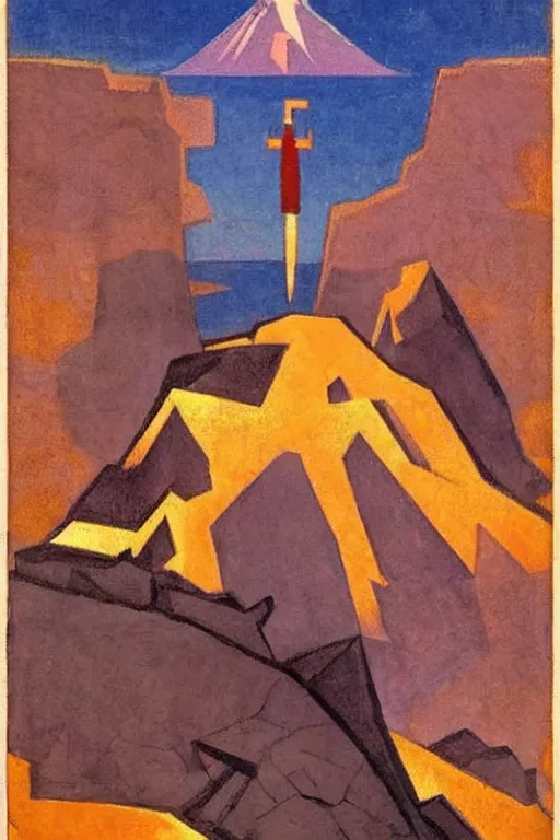 Image similar to thor holding the hammer, stay on mountain, marvel, artwork by nicholas roerich,