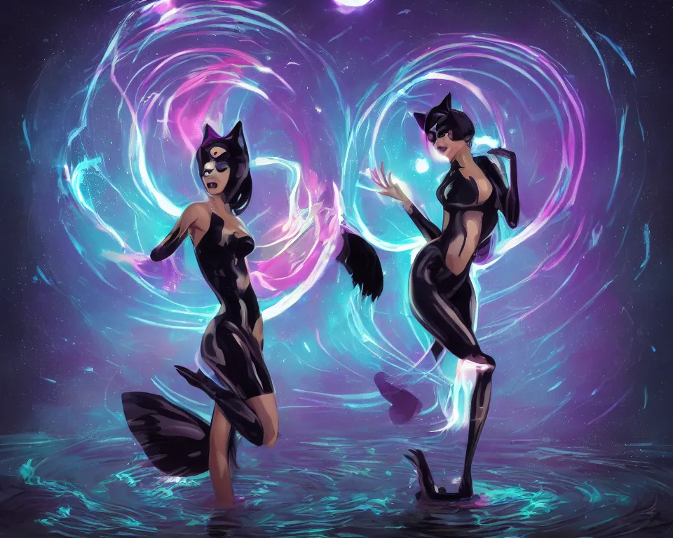 Prompt: beautiful whimsical cat woman standing in a lake in the moonlight, using magic, under a multi-colored binary blackhole with an accretion disc, glowing trails following her arms, wearing professional makeup, acidwave, by Lois van Baarle, by Greg Rutkowski, by artgerm, by beeple, by studio ghibli, cinematic angle, volumetric lighting, 4k resolution, octane render, trending on artstation, masterpiece