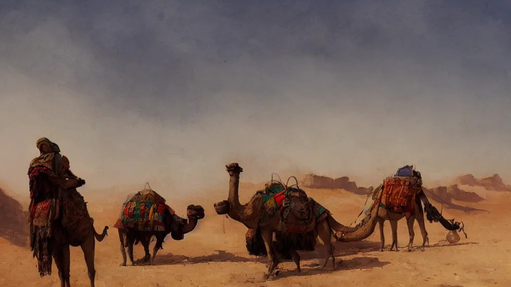 Prompt: desert landscape with arabian merchant with colored bags feeding a camel, rule of thirds, watercolored, jakub rozalski, dark colours, dieselpunk, artstation