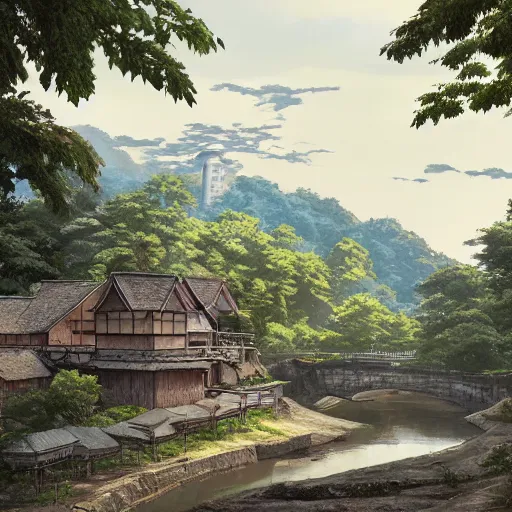 Image similar to concept art painting of a historic mill with japanese architecture, by a river in a woodland village surrounded by trees and mountains, realistic, detailed, cel shaded, in the style of makoto shinkai and greg rutkowski and james gurney