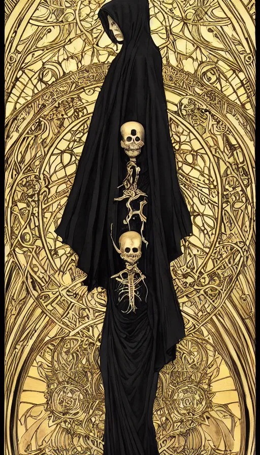 Image similar to a skeleton in a black cloak, highly detailed, very intricate, art nouveau, gold filigree, left right symmetry, tarot concept art watercolor illustration by mandy jurgens and alphonse mucha and alena aenami, featured on artstation