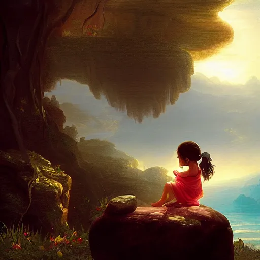 Image similar to a painting of a little girl sitting on a rock, a digital painting by thomas cole, cgsociety, metaphysical painting, 2 d game art, storybook illustration, detailed painting