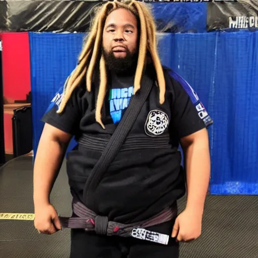 Image similar to photo of chubby black bjj athlete with long dreads posing