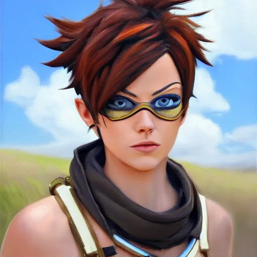 Image similar to oil painting of tracer overwatch in a field wearing spiked collar around neck, in style of steve henderson, expressive face, detailed face, detailed eyes, full body, feminine face, tracer overwatch,