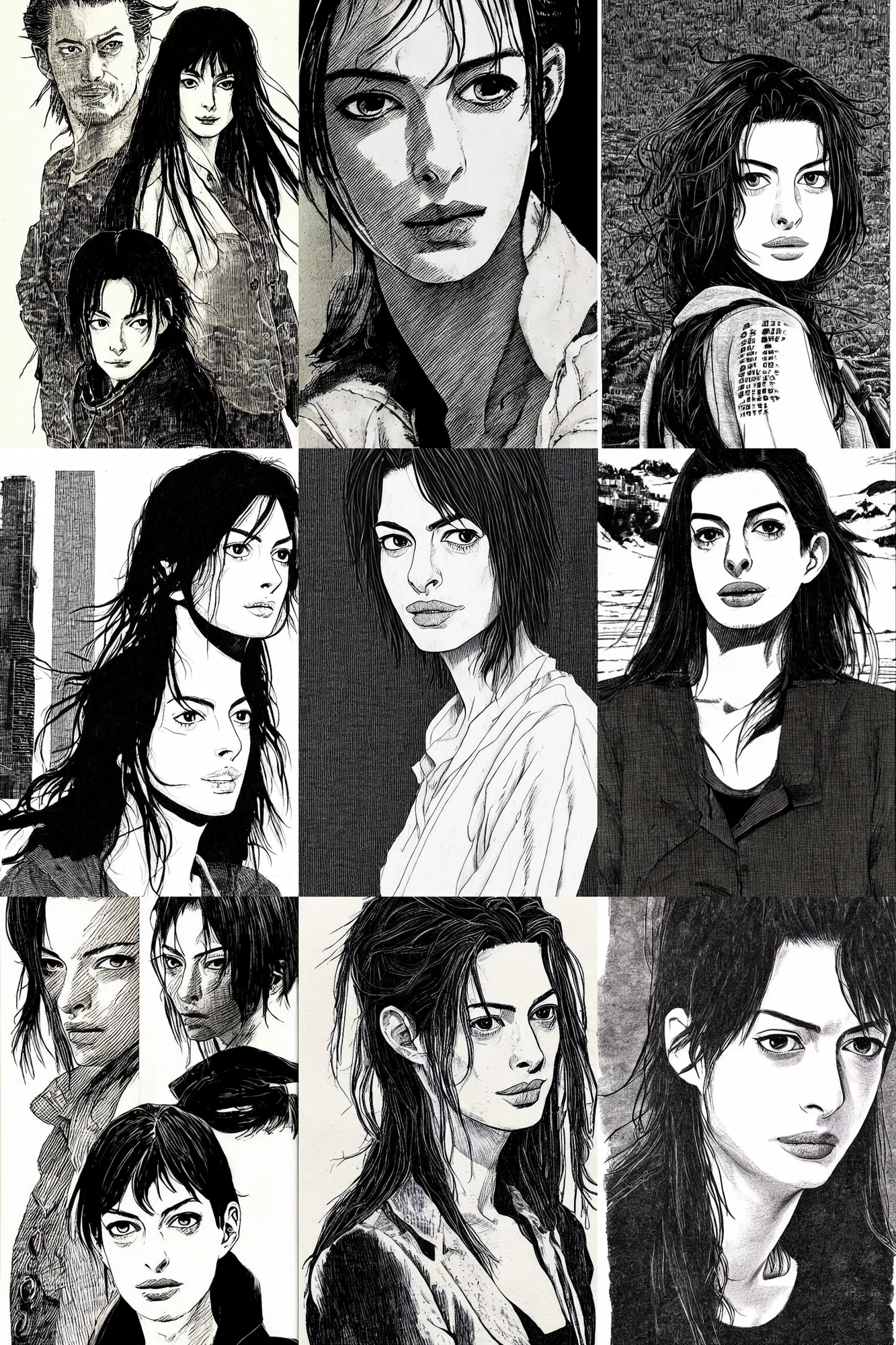 detailed anne hathaway portrait in vagabond manga by, Stable Diffusion