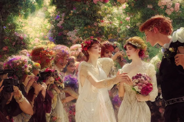 Image similar to the groom look at the bride at a wedding full of flowers, bright and happy, dreamlike art, highly detail, 4 k realistic, wedding photoy krenz cushart, artem demura, yoji shinkawa artgerm, jon lothian, danilo torres. adi meyers. thomas reimann. gaston bussiere.