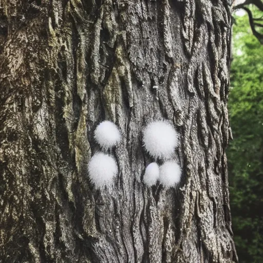 Image similar to bioluminescent white furry fungus growing on a dead tree, photorealistic, fungal, magic,