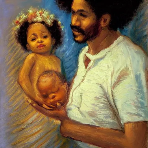 Prompt: a pregnant east african woman with an egyptian man with curly hair in a delivery room, holding newborn baby, very happy, warm colors, vintage, impressionist painting, fine art, oil painting, dreamy, pastel, intricate details, sharp, peaceful, serene