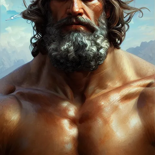 Image similar to portrait of rugged zeus, greek god d & d, muscular, fantasy, intricate, elegant, highly detailed, digital painting, artstation, concept art, smooth, sharp focus, illustration, art by artgerm and greg rutkowski and alphonse mucha