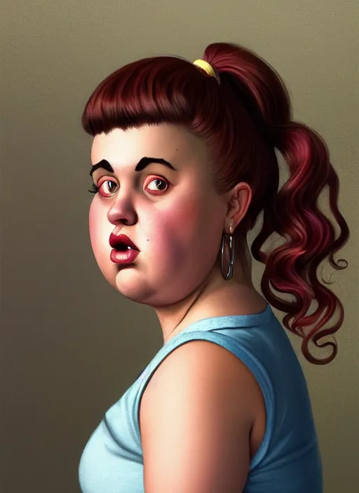 Image similar to full body portrait of teenage betty cooper, obese, bangs, ponytail, sultry, realistic, sultry smirk, ponytail hairstyle, fluffy bangs, curly bangs, skirt, fat, belly, intricate, elegant, highly detailed, digital painting, artstation, concept art, smooth, sharp focus, illustration, art by wlop, mars ravelo and greg rutkowski