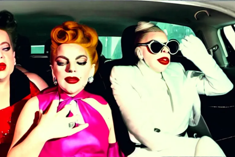 Image similar to lady gaga and judy garland doing carpool karaoke, lady gaga and judy garland, carpool karaoke, lady gaga, judy garland, carpool karaoke, youtube video screenshot, the late late show with james corden