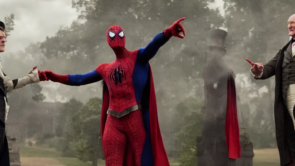 Image similar to movie still of victorian era spiderman wearing a cape arguing with gene hackman from the new pride & prejudice movie, realistic, 8 k