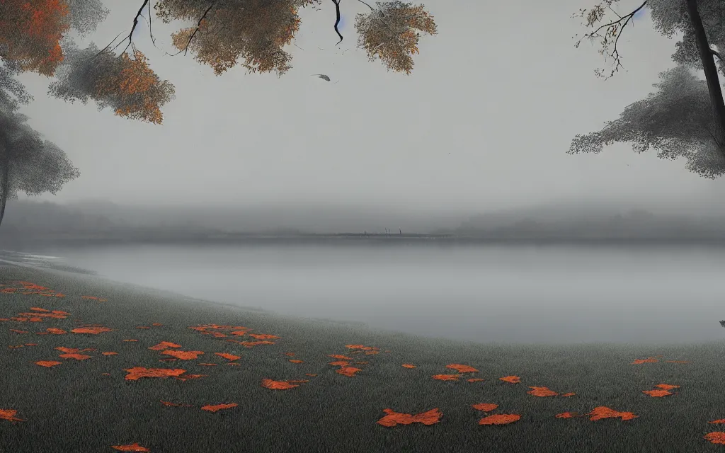 Prompt: a lake in the foreground, dramatic gray atmosphere, high quality, fog on the water, trees with orange dry leaves in the background, gray clouds digital realistic illustration artem demura