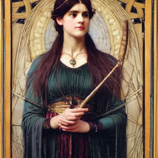 Prompt: portrait of a tired female magician in a business suit holding an oak magic wand intricate portrait by john william waterhouse and Edwin Longsden Long and Theodore Ralli and Henryk Siemiradzki, very coherent iridescent symmetrical artwork. Cinematic, hyper realism, high detail 8k