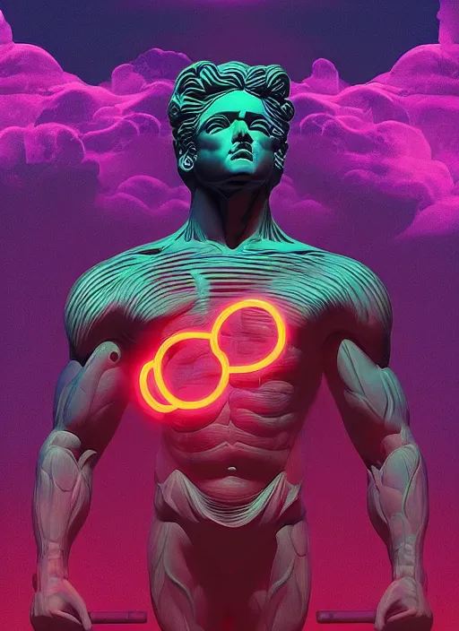 Prompt: statue of hercules, beeple, android jones, dan mumford, vaporwave, retrowave, black background, neon wiring, black, glitch, strong contrast, cuts, pinterest, trending on artstation