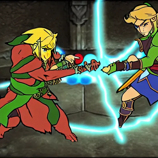 Prompt: Epic Battle Between Link and Ganon in a Dungeon