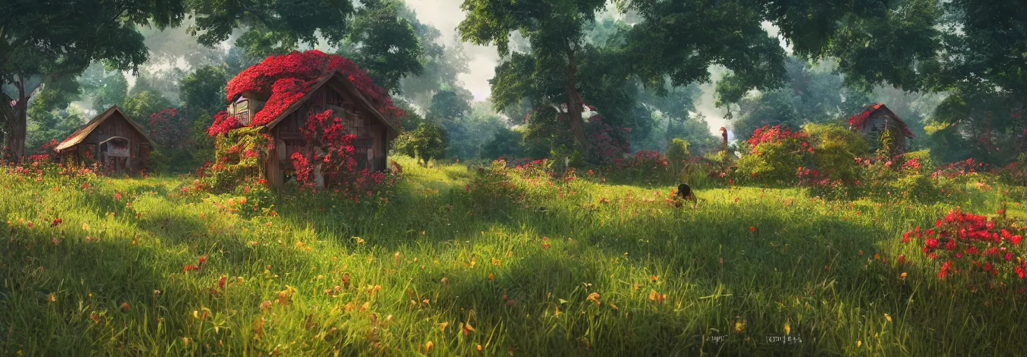 Prompt: large central crimson - black beehive in a beautiful forest meadow village landscape, flowers, happy trees, photorealistic, octane render, rtx, hdr, unreal engine, digital art widescreen 8 k, studio ghibli, bob ross, pixar, bee movie, disney