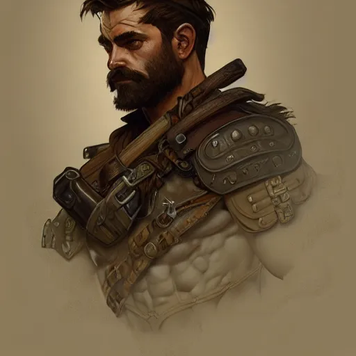 Image similar to portrait of a rugged ranger, muscular, upper body, hairy torso, D&D, fantasy, intricate, elegant, highly detailed, digital painting, artstation, concept art, smooth, sharp focus, illustration, art by alphonse mucha