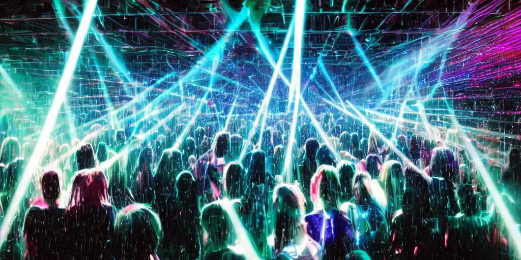 Image similar to wet complex, colored lasers, people, skin, god rays, hair, wet metal reflections, mirrors, infinite, close up, wet, ultra detailed, group of people