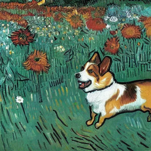 Image similar to a corgi jumping through a field of flowers by van Gogh