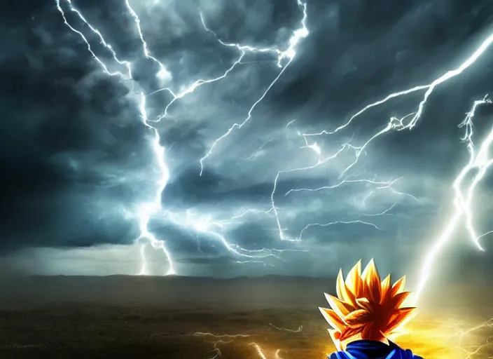 Image similar to real life goku going super saiyan, beautiful landscape, lightning storm, dramatic lightning, cinematic, establishing shot, extremly high detail, photorealistic, cinematic lighting, epic fight scene, post processed, concept art, artstation, matte painting, style by greg rutkowsky