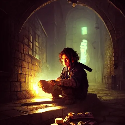 Image similar to Drug addict hobbit smoking crack in a dark alley, ultra realistic, concept art, intricate details, dark, highly detailed, photorealistic, octane render, 8k, unreal engine, art by artgerm and greg rutkowski and alphonse mucha