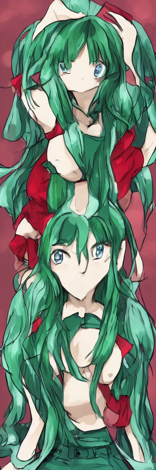 Prompt: green haired anime girl red flannel border police