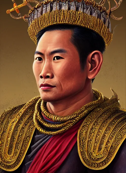 Prompt: smart ramkhamheang of sukhothai, closeup portrait, without beard and mustache, historical hero, ethnic group, tai costume, thai transitional bronze headdress, intricate, with leather armor cross on bare chest, elegant, loin cloth, highly detailed, oil painting, artstation, concept art, matte, sharp focus, illustration, hearthstone, art by earl norem