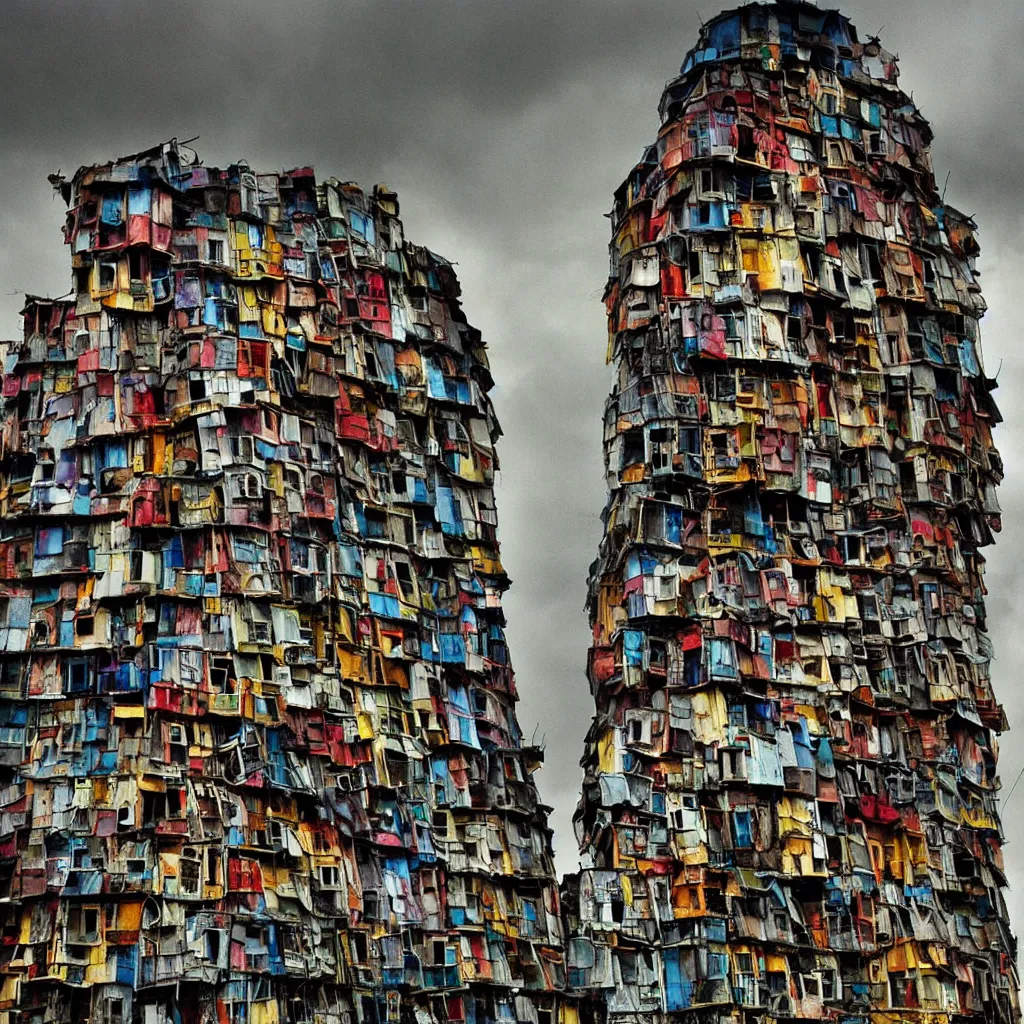 Image similar to close - up view of a tower made up of colourful makeshift squatter shacks, bleached colours, moody cloudy sky, dystopia, mamiya, f 1. 8, very detailed, photographed by bruno barbey and man ray