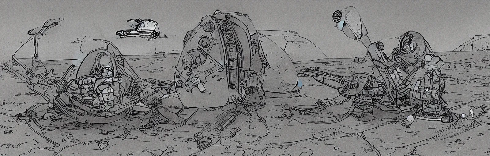 Prompt: Astronaut sitting on a canvas lawn chair holding a cocktail on Pluto next to a crashed spaceship, Jean Giraud, Moebius