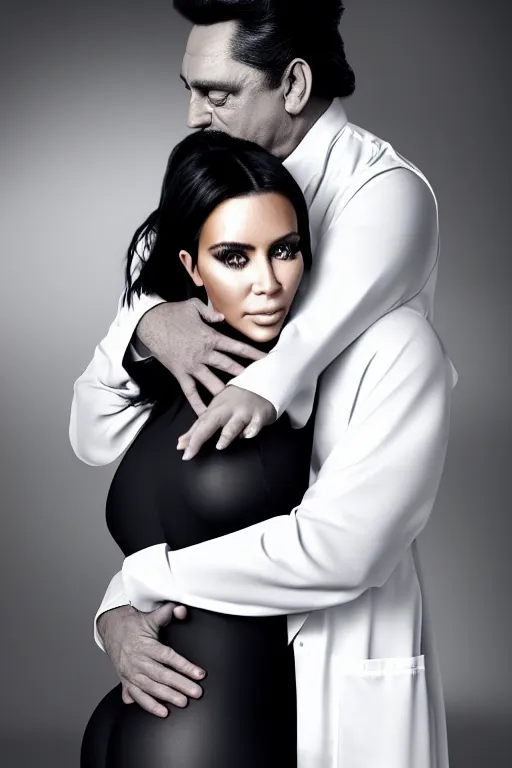 Prompt: johnny cash hugging kim kardashian, centered full body shot, full pov, kim wearing skintight nurse outfit, real photo, photoshooting, studio light, hospital background, intricate, epic lighting, cinematic composition, hyper realistic, 8k resolution, unreal engine 5