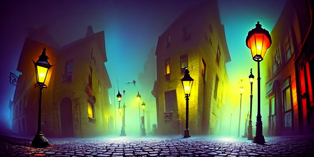 Image similar to curved perspective, extreme narrow, extreme fisheye, digital art of a night foggy street with victorian street lamps over cobblestone floor by anton fadeev from nightmare before christmas