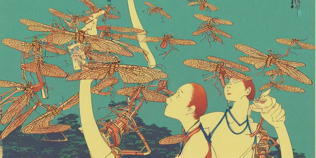 Prompt: gigantic robotic dragonflies with human faces catch tiny robots, a lot of exotic plants around, human heads everywhere, risograph by kawase hasui, edward hopper, satoshi kon and moebius, no text!, colorful flat surreal design, super - detailed, a lot of tiny details, fullshot