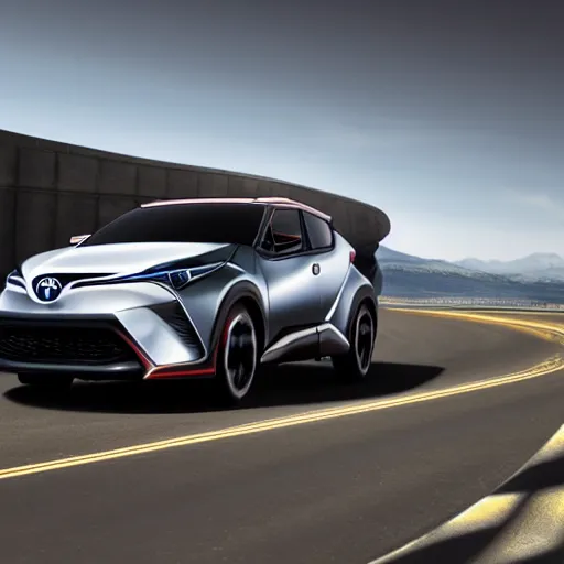 Image similar to toyota chr on a road, hyperrealistic render, new model