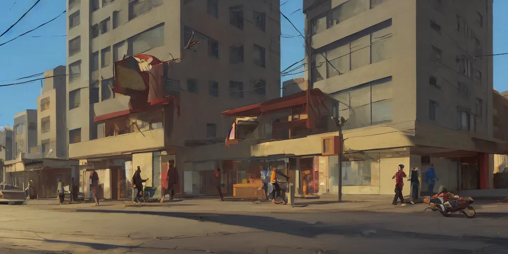 Image similar to empty residential building with owned by bank sign and homeless family outside on a street in a cardboard on curb in a city by Craig Mullins, ilya kuvshinov, krenz cushart, artgerm trending on artstation by Edward Hopper and Dan Mumford and WLOP and Rutkovsky, Unreal Engine 5, Lumen, Nanite