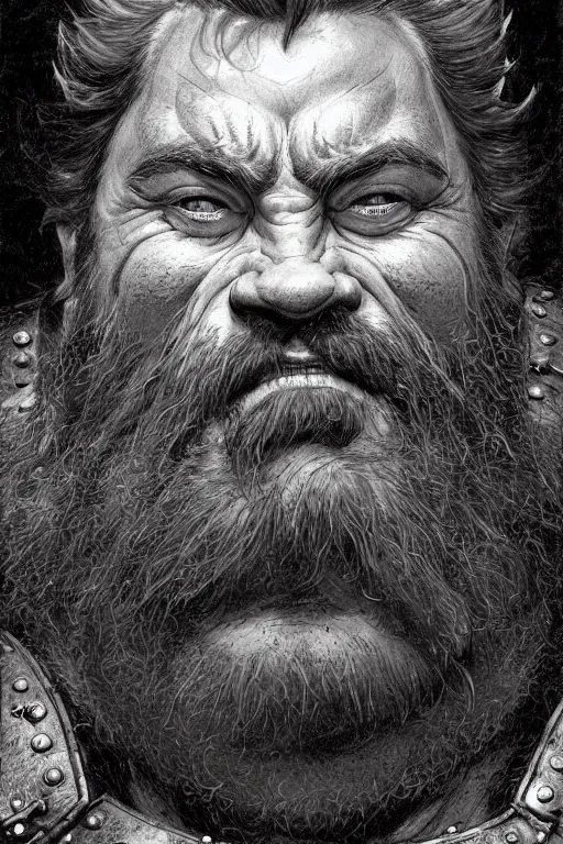 Prompt: head and shoulders portrait of a dwarf adventurer, jovial, scarred lip, grandfatherly, leather armor, male, tavern, high fantasy, d & d, by donato giancola, face details, extremely detailed, digital illustration