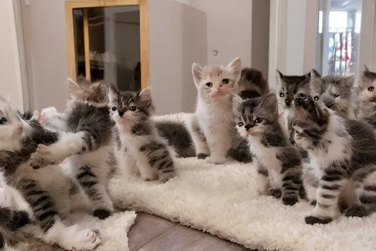 Image similar to a living room full of detailed cute kittens