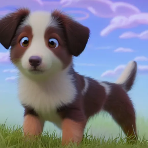 Image similar to a wholesome animation key shot of a spotted australian shepherd puppy, studio ghibli, pixar and disney animation, sharp, rendered in unreal engine 5, anime key art by greg rutkowski, bloom, dramatic lighting